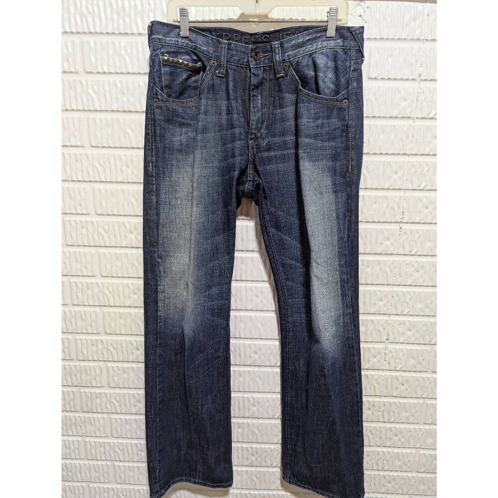 Express Men's Blue Distressed Rocco Slim-Fit Low-Rise Boot Cut Jeans Size 32 X 3